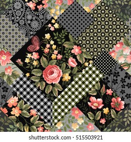 seamless patchwork floral pattern with red roses