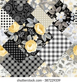 seamless patchwork floral pattern with yellow roses