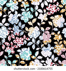 seamless patchwork flower pattern on black background