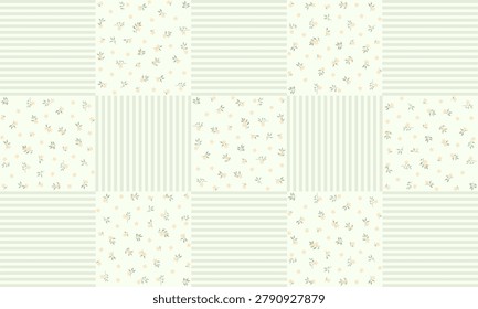 Seamless patchwork geometric background with tiny ditsy floral patterns and pastel green stripes, panoramic design vector illustration.