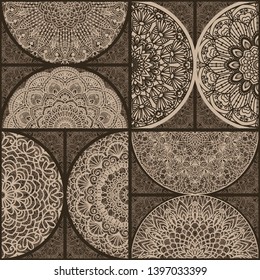 Seamless patchwork from mandalas. Vintage decorative elements. Hand drawn background. Islam, Arabic, Indian, Ottoman motifs. Seamless pattern perfect for printing on fabric or paper, ceramic tile
