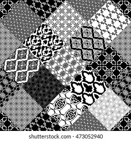 Seamless patchwork monochrome background. Oriental ornament motifs. Black and white ornaments.Vector illustration