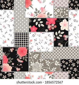 
Seamless Patchwork Ornamental Background. Decorative Pattern with Roses, floral and geometric ornaments.