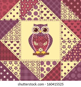 Seamless patchwork owl pattern. Vector background.