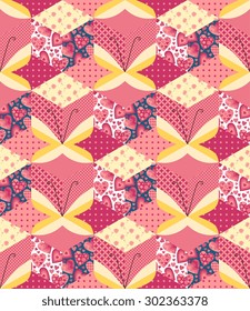 Seamless patchwork pattern with applique of yellow butterflies. Cute vector illustration. 