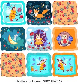 Seamless patchwork pattern with bees, fox, mouse, hedgehogs, flowers.  Print for kids blanket, carpet, rug, wallpaper.