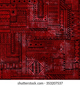 Seamless patchwork pattern. Black geometric lines on red watercolor background. Vector illustration. Handmade.