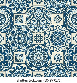 Seamless patchwork pattern from  blue  Moroccan tiles, ornaments. Can be used for wallpaper, pattern fills, surface textures, textile, page cover etc.