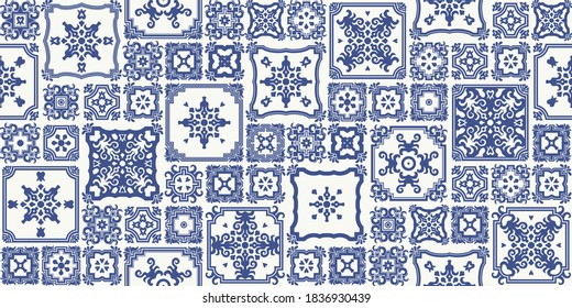 Seamless patchwork pattern of blue painted mosaic tiles with geometrical and floral ornaments in Dutch majolica ceramic style. Wallpaper décor, batik print, surface map, wrapping paper