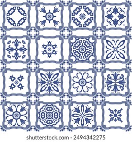 Patrón de mosaico sin costuras de azulejos azules con adornos geométricos y florales en estilo cerámico holandés