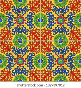 Seamless patchwork pattern of bright colored mosaic tiles with hand drawn geometrical and floral ornaments in Talavera majolica ceramic style. Wallpaper décor, pop art batik print, wrapping paper