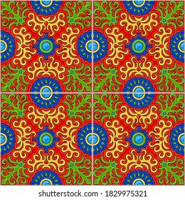 Seamless patchwork pattern of bright colored mosaic tiles with hand drawn geometrical and floral ornaments in Talavera majolica ceramic style. Wallpaper décor, pop art batik print, wrapping paper