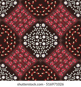 Seamless patchwork pattern with bright flowers and mushrooms on brown background - 1.