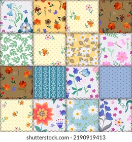 Seamless patchwork pattern of bright square patches with flowers, leaves, butterflies, polka dot ornament connected by a zigzag stitch. Vintage print for fabric in vector.