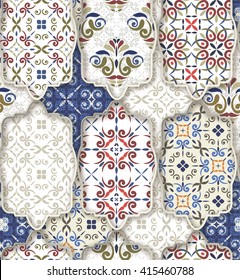 Seamless patchwork pattern from CLASSIC  blue--red-orange-white style Moroccan tiles, ornaments. Can be used for wallpaper, surface textures, textile, cover etc.