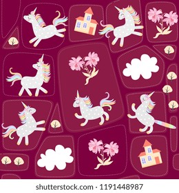 Seamless patchwork pattern with cute cartoon unicorns and caticorn, white clouds, pink flowers, fairytale castle on bright brown background in vector. Print for fabric, blanket for baby.
