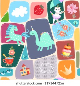 Seamless patchwork pattern with cute dino, pony, kitten, castle, clouds, crown, birds, butterfly,trees, cup of tea and flowers in vector. Ornament for baby.