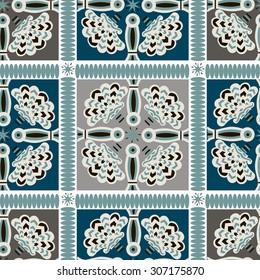 Seamless patchwork pattern from dark blue and light grey oriental ornaments, Indian style decorative rosette from stylized flowers and leaves. Textile print