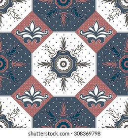 Seamless patchwork pattern from dark blue and light grey oriental ornaments, Indian style decorative rosette from stylized flowers and leaves. Textile print