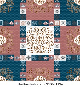 Seamless patchwork pattern from dark blue and light grey oriental ornaments, Indian style decorative rosette from stylized flowers and leaves. Textile print