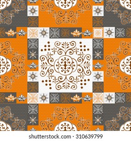 Seamless patchwork pattern from dark blue and light grey oriental ornaments, Indian style decorative rosette from stylized flowers and leaves. 