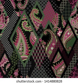 seamless patchwork pattern with decorative paisley elements