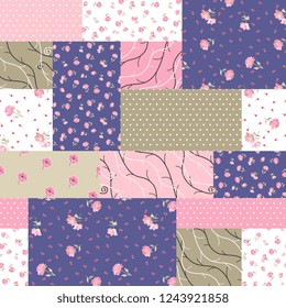 Seamless patchwork pattern from different patches with pink flowers, branches and polka dot ornament. Vector illustration.