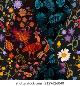 Seamless patchwork pattern with fabulous peacock palm leaves, garden flowers on a black background in vector. Beautiful fabric print. Ornament for a pillow. napkins, pockets