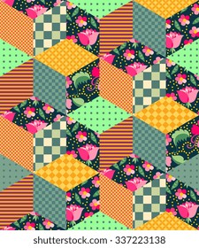 Seamless patchwork pattern with floral and geometric patches. Vector illustration of quilt.