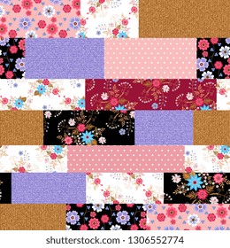 Seamless patchwork pattern with floral ornament, jeans and polka dot patches. Print for fabric. Vector illustration.
