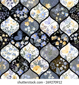 seamless patchwork pattern with flowers and butterflies