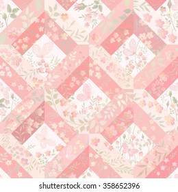 seamless patchwork pattern with flowers and butterflies
