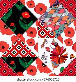 seamless patchwork pattern with flowers - stock vector