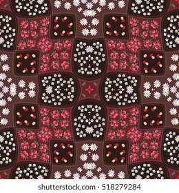 Seamless patchwork pattern with forest flowers in russian style - 2. Festive print for fabric with boletus, mallow, chamomile, yarrow.