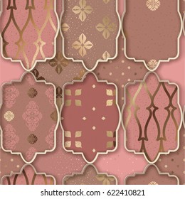 Seamless patchwork pattern from Glamor Golden &Pink style Moroccan tiles, ornaments. Can be used for wallpaper, surface textures, textile, cover etc.