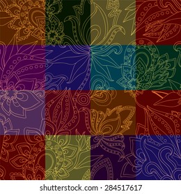 seamless patchwork pattern with gold flowers