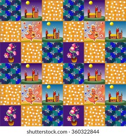 Seamless patchwork pattern with happy dragon, flowers, castle and ornamental patches. Childish vector illustration.