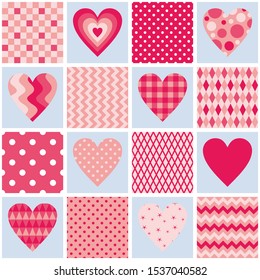 Seamless patchwork pattern and hearts   geometric ornaments in pink colors  Beautiful illustration for Valentines day 