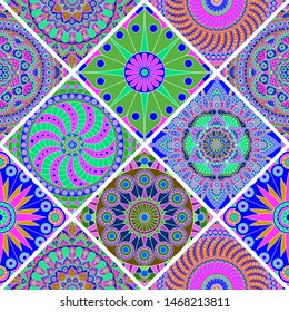 Seamless patchwork pattern with mandalas in ethnic style. Colorful print for fabric.
