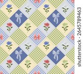 seamless patchwork pattern with a mix of floral motifs, gingham check, and hand drawn ribbon bows in soft pastel tones of green, blue, pink, and cream