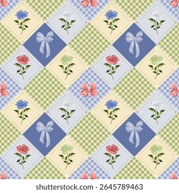 seamless patchwork pattern with a mix of floral motifs, gingham check, and hand drawn ribbon bows in soft pastel tones of green, blue, pink, and cream