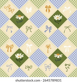 seamless patchwork pattern with a mix of floral motifs, gingham check, and hand drawn ribbon bows in soft pastel tones of green, blue, yellow and cream