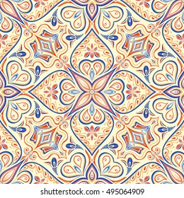 Seamless patchwork pattern from moroccan tiles. Ornate zentangle seamless texture, pattern with abstract flowers. Floral pattern can be used for wallpaper, pattern fills, web page background.