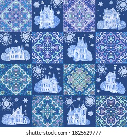 Seamless patchwork pattern of mosaic tiles with geometrical ornaments in Talavera majolica ceramic style and blue watercolor houses, snowflakes. Christmas Wallpaper, batik print, gift wrapping paper