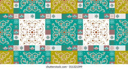 Seamless patchwork pattern oriental ornaments, Indian style decorative patterns from stylized flourishes and leaves.