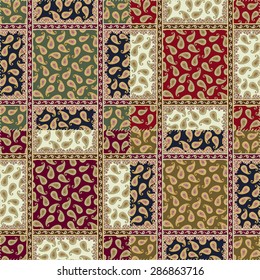 Seamless patchwork pattern. Paisley background with ribbons and laces. Vector design.