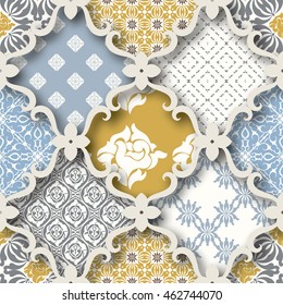 Seamless patchwork pattern from PASTEL blue-orange-white style Moroccan tiles, ornaments. Can be used for wallpaper, surface textures, textile, cover etc. Large pattern