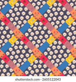 Seamless patchwork pattern with patches of daisies and a bright ornamental frame.