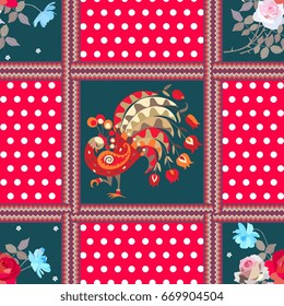 Seamless patchwork pattern with peacock, polka dot background, bouquets of gardening flowers and zigzag frames. Ethnic motives. 