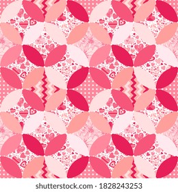 Seamless patchwork pattern in pink colors. Romantic quilt design with ornaments from hearts and flowers. Beautiful vector illustration.